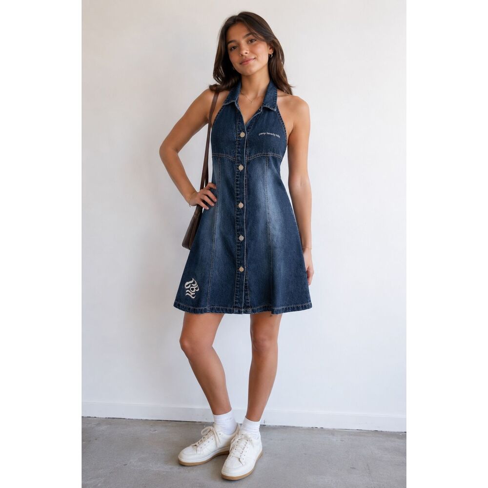 Vintage Camp Beverly Hills Denim Halter Dress Junior Medium 10/12 Y2K
